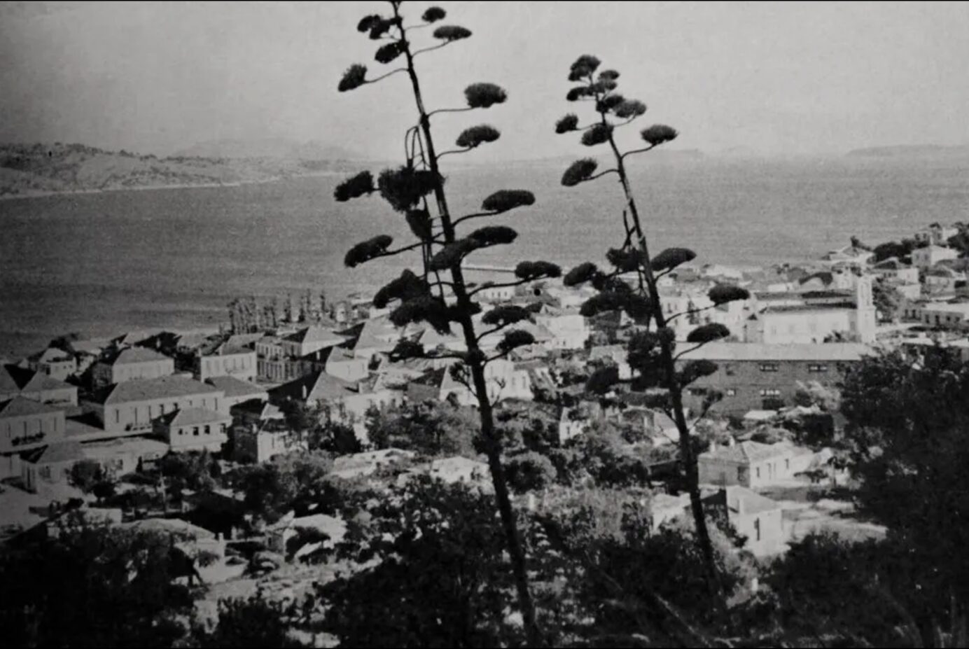 Ασπρόμαυρη θέα σε παραθαλάσσια πόλη με αθάνατους στο πρώτο πλάνο
